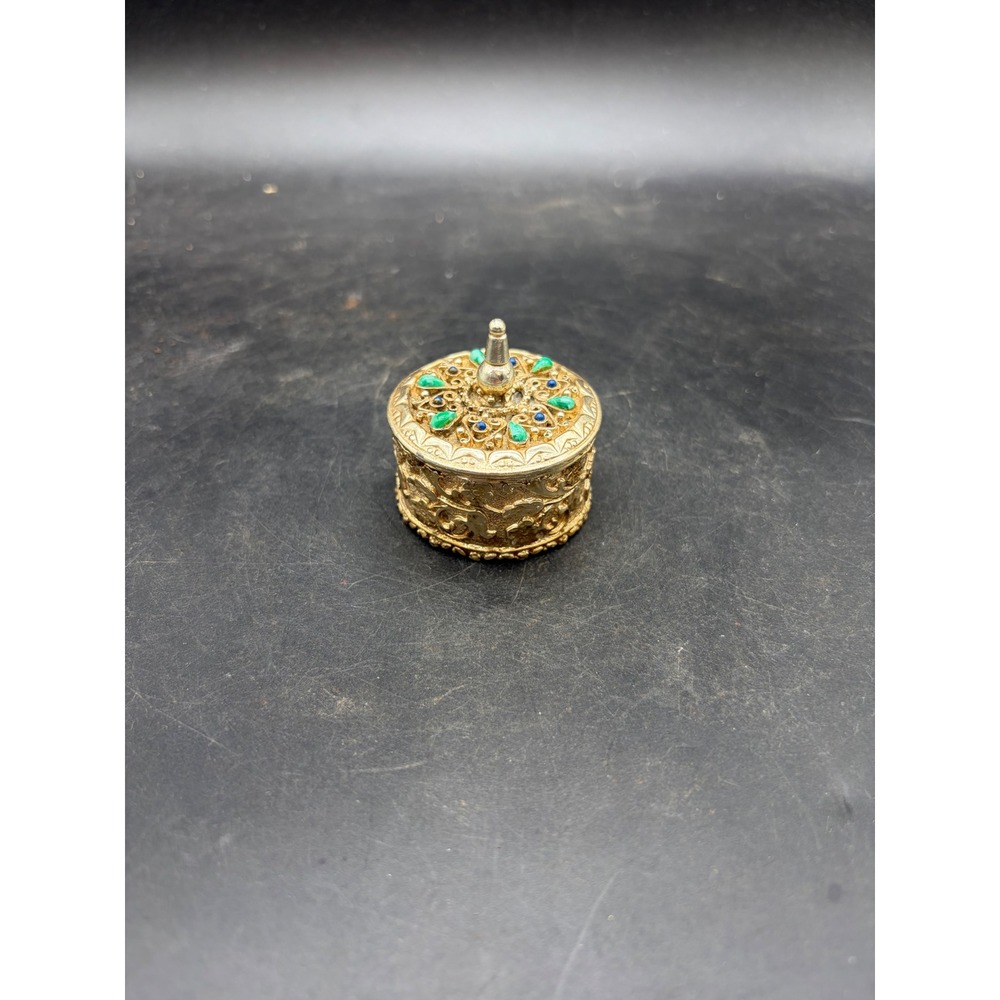Vintage‎ Florenza Gold Tone Gemstone Box Faux Turquoise Blue Cabochon Filigree